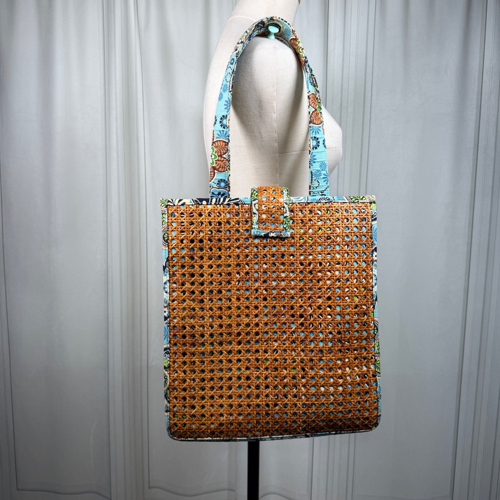 Vera Bradley Bali Blue Tiki Tote Rattan Straw Beach Bag Retired 2009 - Picture 2 of 16